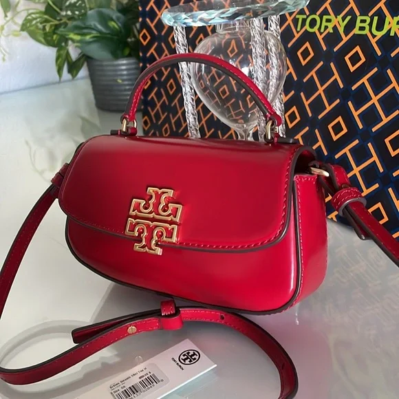 New, tory burch britten smooth mini top handle red crossbody $350 - Picture 4 of 16